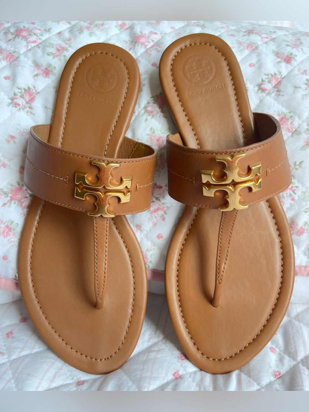 Tory Burch Everly Backless Thong Sandals Royal Tan Gold 6.5